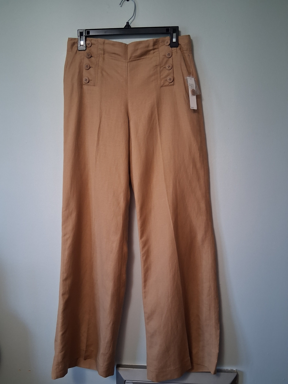 Larry Levine Tan High Rise Wide Leg Sailor Pants with Side Buttons Size 6 NWT
